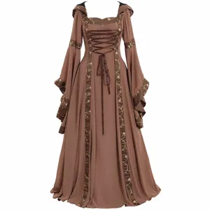 Medieval vintage hooded dress detail, square neck with lace-up and embroidered flare sleeves.