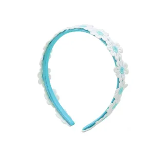 Sweet blue headband with white embroidered daisy flowers, perfect for girls fashion daily wear.