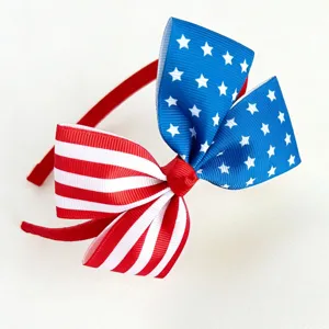 Patriotic hair bow headband, red white and blue stars stripes kids hair accessories for holiday parties.