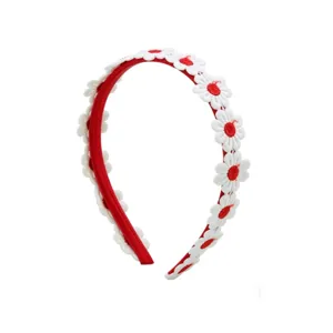 Red headband with white embroidered daisy flowers, sweet floral hair accessory for daily wear