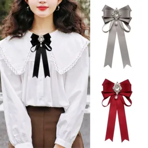 Damen Elegante Satin Bandschleife Brosche Strass Künstliche Perle Langes Streamer Korsage Für Professionelle Anzug Pullover Schmuck
