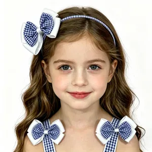 Children blue and white plaid bow headband cute hair accessories set for girls daily wear.