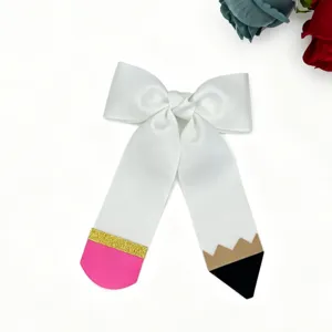 Pencil bow hair clip for school girls, cute grosgrain ribbon hair accessory for daily wear.