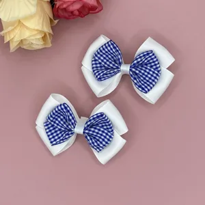 Blue white plaid grosgrain ribbon hair clips double bow cute kids kids accessories detail view