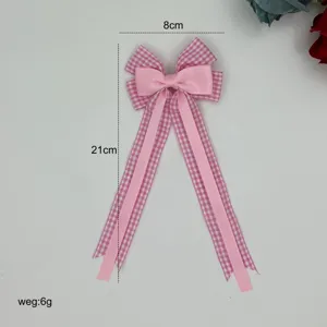 Pink plaid ribbon bow hair clip with long streamers, cute kids hair accessory for daily wear.