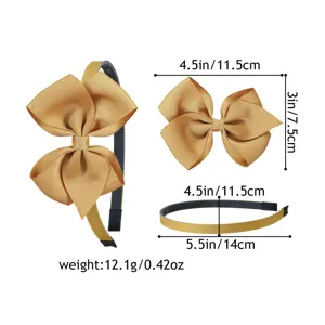 Gold grosgrain bow headband detail view, showing precise size dimensions and weight specs.