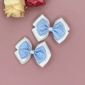 Cute blue and white gingham hair bows, double layer ribbon clips for kids daily wear.