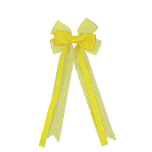Yellow gingham grosgrain ribbon bow hair clip detail view, cute kids hair accessories accessory