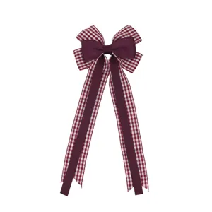 Burgundy plaid ribbon bow hair clip with long streamers, elegant British style hair accessory.