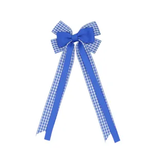 Charming blue gingham hair bow clip with long ribbons, cute kids grosgrain hair accessory.