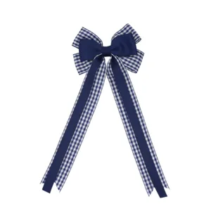 Close-up detail of the classic blue and white checkered ribbon bow hair clip, premium texture.