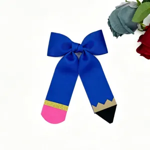 Large grosgrain ribbon pencil bow hair clip detail, cute back-to-school hair accessory for girls