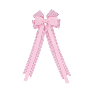 Pink gingham ribbon hair bow clip with long tails, cute hair accessories for kids and girls.