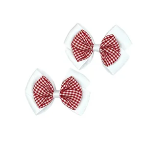 Red white gingham hair bows cute layered ribbon hair clips for kids girls hair accessories pair