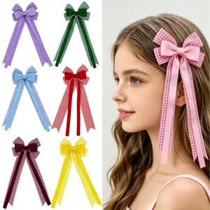 Kids Plaid Grosgrain Ribbon Bow Long Streamer Hair Clips British Style Girl Hair Accessories Sweet Gilt Barrettes