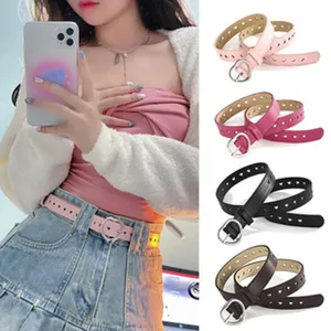 Ceinture en cuir PU style Y2K pour femme avec trous en cœur et boucle ronde, accessoire tendance.