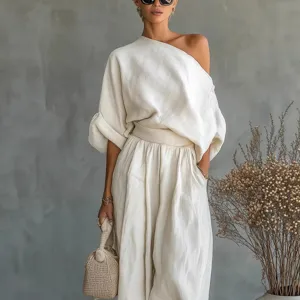 Women Top And Bottom Off Shoulder Solid Color Casual Loungewear Splicing Pocket Loose Elegant Short Sleeve T-Shirt Pants
