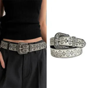 Cintura Western Con Borchie Punk Cowboy Jeans Cintura Goffrata Fibbia Intagliata Cinturino Grigio Accessori Per Uomo Donna
