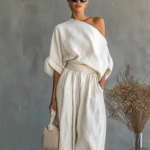 Women Off Shoulder Two Piece Set Casual Solid Color Loose Top and Pocket Wide Leg Pants