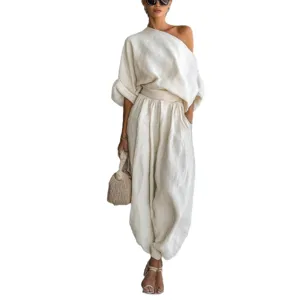 Solid color off-shoulder top and loose pocket trousers two-piece set for women spring casual wear