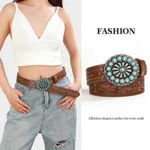 Bohemian Western Vintage Embossed PU Leather Belt Carved Alloy Buckle Turquoise Rhinestone Waistband For Men Women