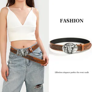 Western Cowboy PU Leather Belt With Vintage Antique Alloy Goat Head Embossed Plate Buckle For Unisex Casual Daily Jeans Accessories