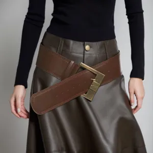 Women Vintage PU Leather Wide Belt With Alloy Square Pin Buckle Elegant Solid Color Waist Belt For Dress Decoration Casual Accessary
