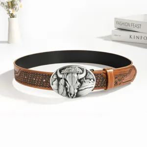 Vintage western leather belt with alloy bull skull buckle, detailed embossed design for fashion.