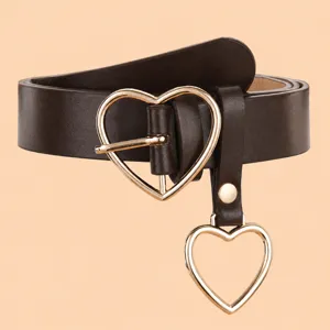 Chic brown leather belt featuring a cute metal heart buckle and dangling heart pendant detail.