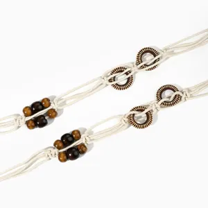 Bohemian woven waist chain detail view, vintage wooden bead rope belt for women dress decor.