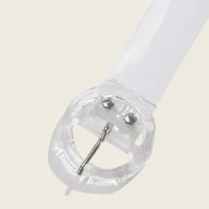 Transparent PVC fashion casual belt detail showing clear buckle and sturdy metal pin hardware.