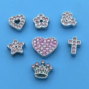 Set de perles charms DIY en alliage argenté strass rose pour bracelets porte-clés