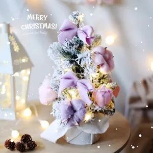 Mini Flocked Christmas Tree Mini Desktop Ornament PVC Snow Top Small Xmas Tree Warm Light Star Bow Base Decor For Table Home Festival Festive
