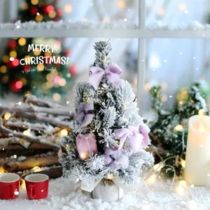 Mini Christmas tree tabletop snow flocked holiday decoration with bows and lights for home