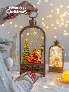 Christmas Snow Globe Lantern Decorative LED Light Swirling Glitter Tabletop Ornament Santa Claus Snowman Xmas Music Box Home Holiday Decor Desk Figurine