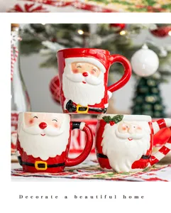 Detailed shot of festive Santa Claus ceramic mug in Christmas scene setup for holiday decor.