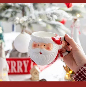 Close-up view of a festive 3D Santa Claus ceramic mug with detailed embossed beard design.