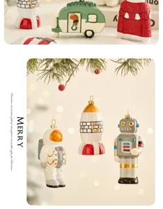 Christmas tree hanging ornaments, cute resin astronaut rocket robot holiday decorations for home.