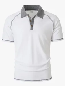 Men's short sleeve polo shirt with contrast color lapel, casual summer top detail view