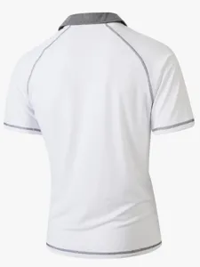 Back view detail of casual white short sleeve polo shirt featuring contrast grey collar and seams.