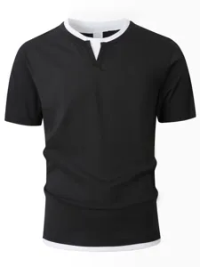 Ανδρικό κοντομάνικο T-shirt διπλής στρώσης με λαιμό V, μονόχρωμο καλοκαιρινό τοπ νέο