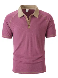 Contrast collar short sleeve polo shirt detail view with three buttons and raglan sleeves.