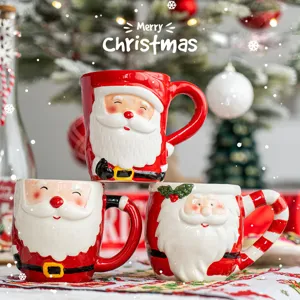 Christmas Santa Claus ceramic coffee mug set, cute 3D embossed cup for holiday home table decor.