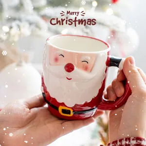 Christmas Santa Claus ceramic mug with 3D embossed design, festive coffee cup for holiday gifts.