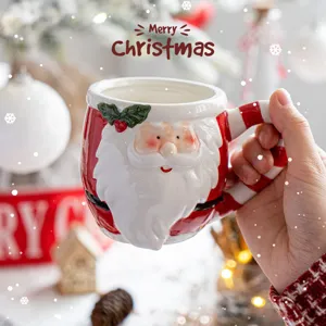 Christmas Santa ceramic mug with candy cane handle holiday coffee cup festive desktop decor