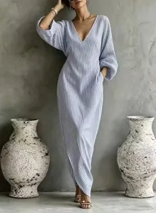 Stunning blue and white striped V-neck maxi dress, long sleeves, perfect for summer resort.