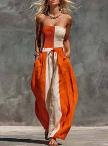 Strapless color block cotton linen jumpsuit in orange and white, chic wide leg casual summer outfit.