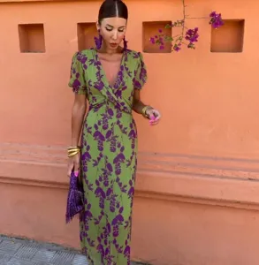 Ete femme mode imprimé floral col en V manches courtes portefeuille longue robe maxi