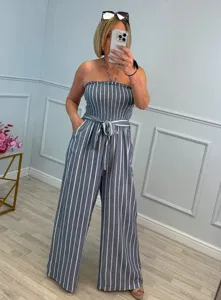 Women Casual Striped Strapless Jumpsuit Summer Wide Leg Romper with Belt and Pockets