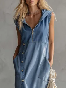 Robe en jean sans manches avec capuche, gilet long en denim décontracté avec boutons et zip.